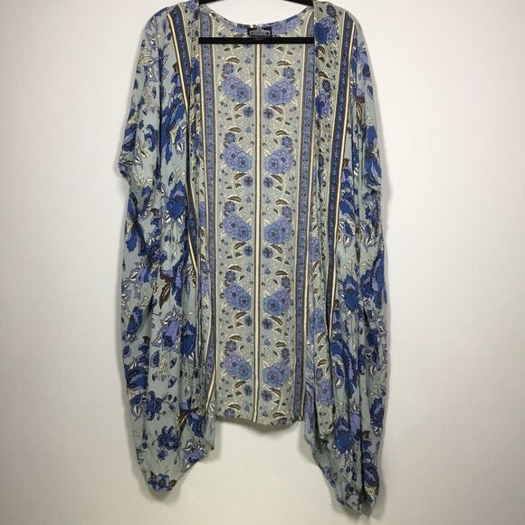 Floaty open front kimono duster blue flowers oversized size Small boho hippie - Picture 1 of 7